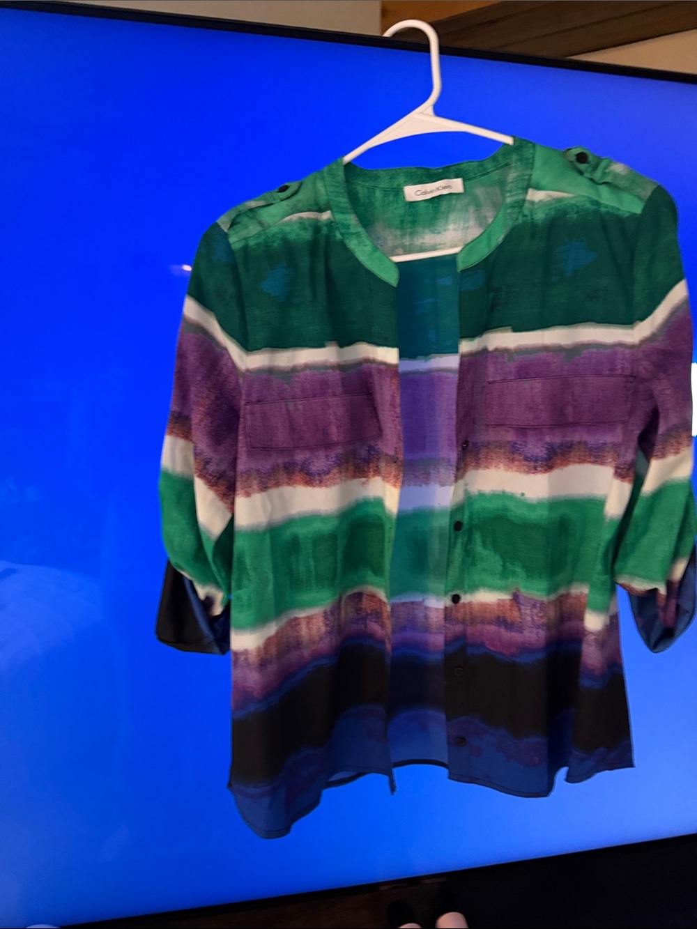 Calvin Klein Green, Purple & White Striped Button-Front Women's Blouse